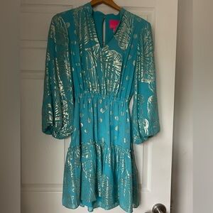 LILLY PULITZER Joella Silk Dress Bermuda Blue Metallic Chiffon Size 2 LIKE-NEW